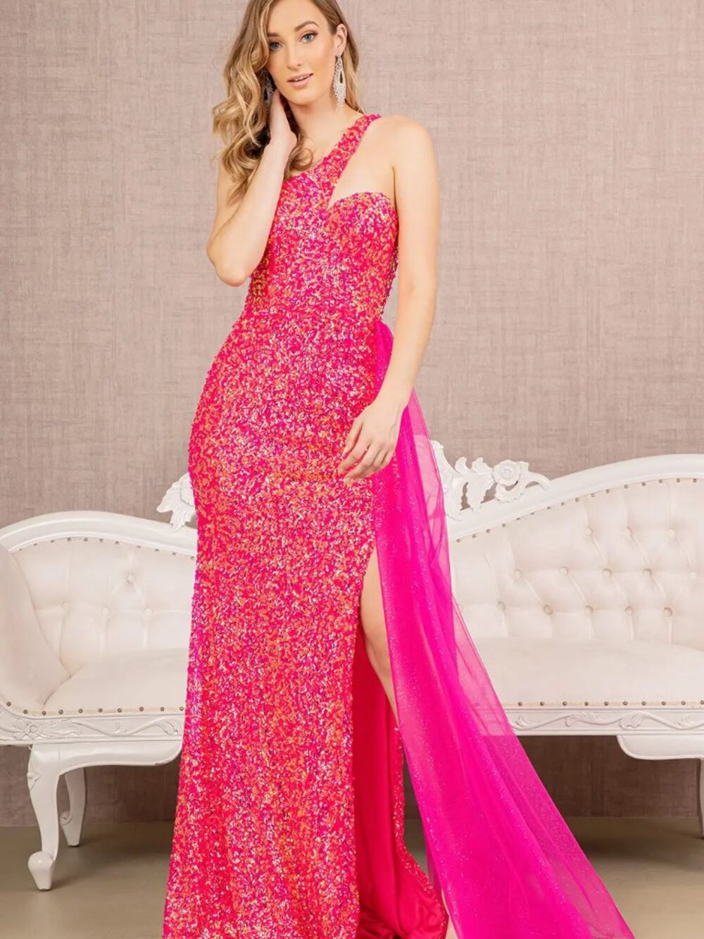 NEW FUCHSIA Sequin & Mesh Evening Gown Floor Length Formal GL3133